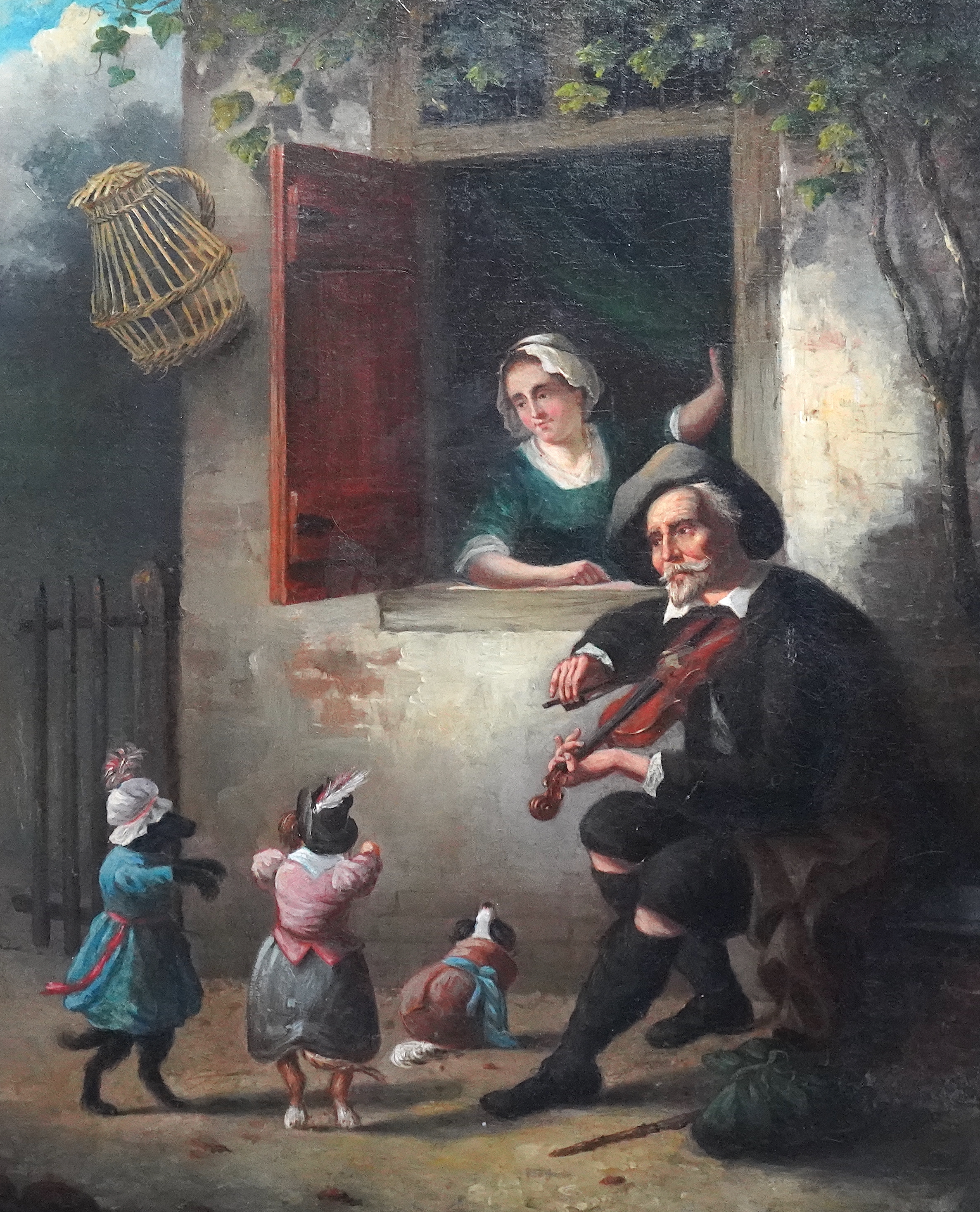 19th century English School , 17th century figures outside a cottage with musician and dancing dogs, oil on canvas, 48 x 37cm